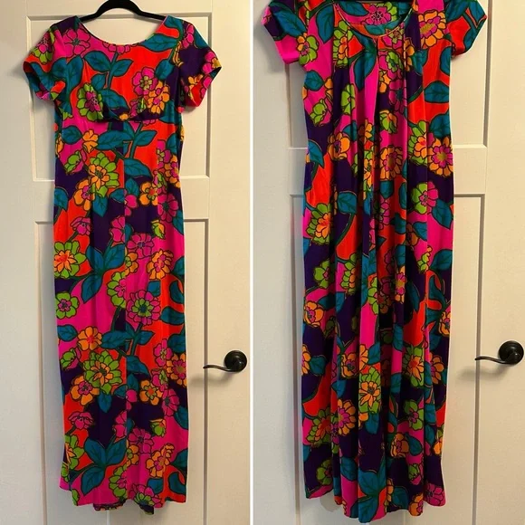 WALTAH CLARKE’S Vintage Hawaiian Shops Retro Groovy Multi Style 1035 Maxi Dress - Picture 2 of 13